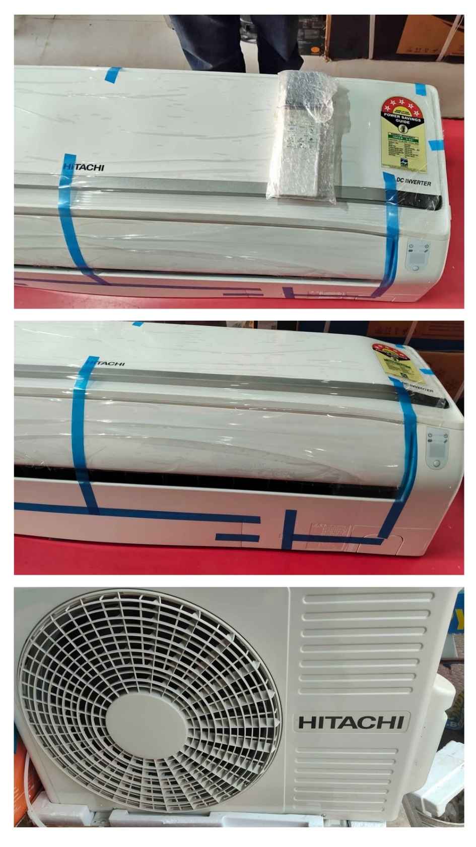 Hitachi 1.5 Ton 5 Star inverter split air conditioner model RAS-Y518PCAISL2 showing white indoor unit with LED display and remote-control panel and outdoor compressor unit with cooling fan